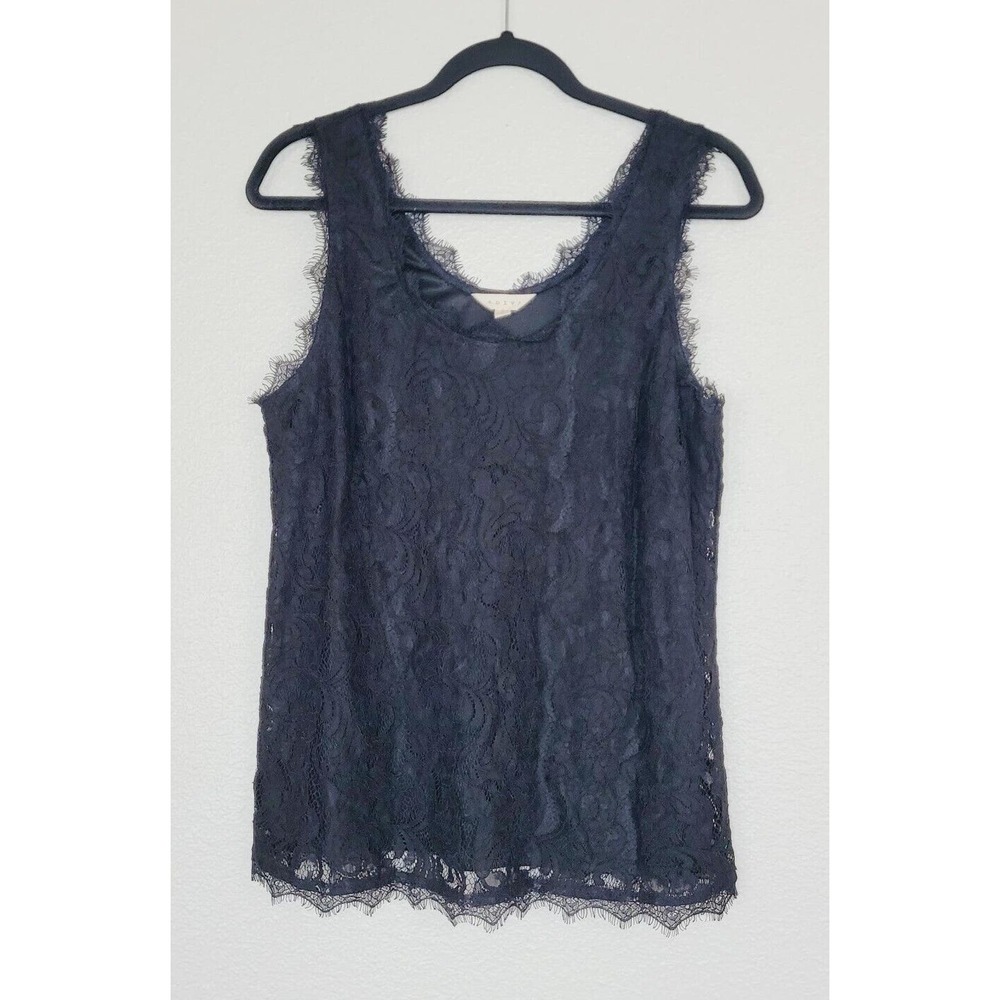 Adiva Women's Black Lace Fringe Hemline Scoop‎ Neck Tank Top. Size L